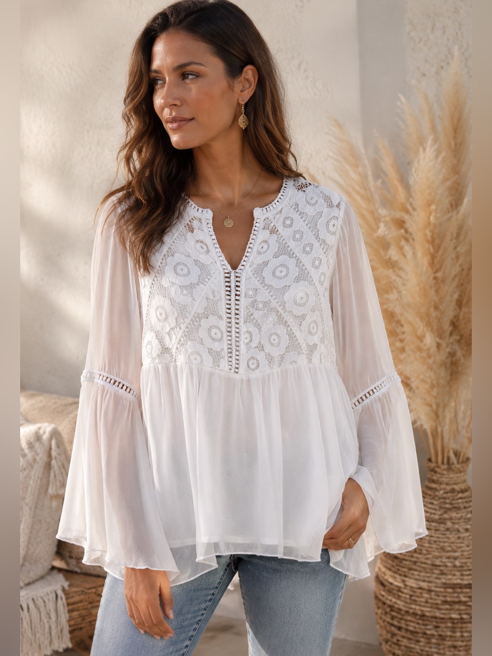 Bellambra Italy 100% Silk Lace Flowy Boho Blouse White Bell Sleeve M/L